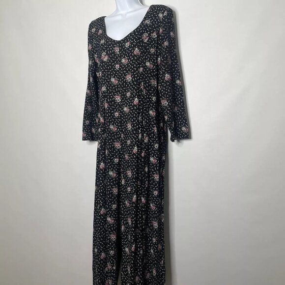 Vintage 80s EXPO Black Pink White Ditsy Floral Crop Wide Leg Jumpsuit - Picture 7 of 8